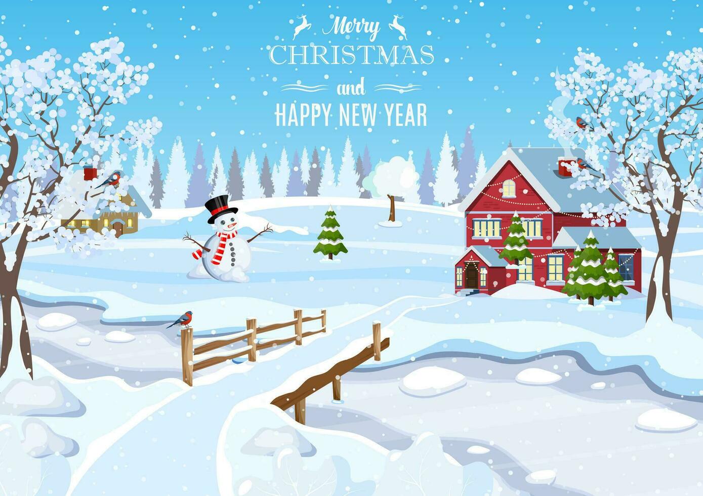 suburbano casa cubierto nieve. edificio en fiesta ornamento. contento nuevo año decoración. alegre Navidad día festivo. nuevo año Navidad celebracion. vector ilustración