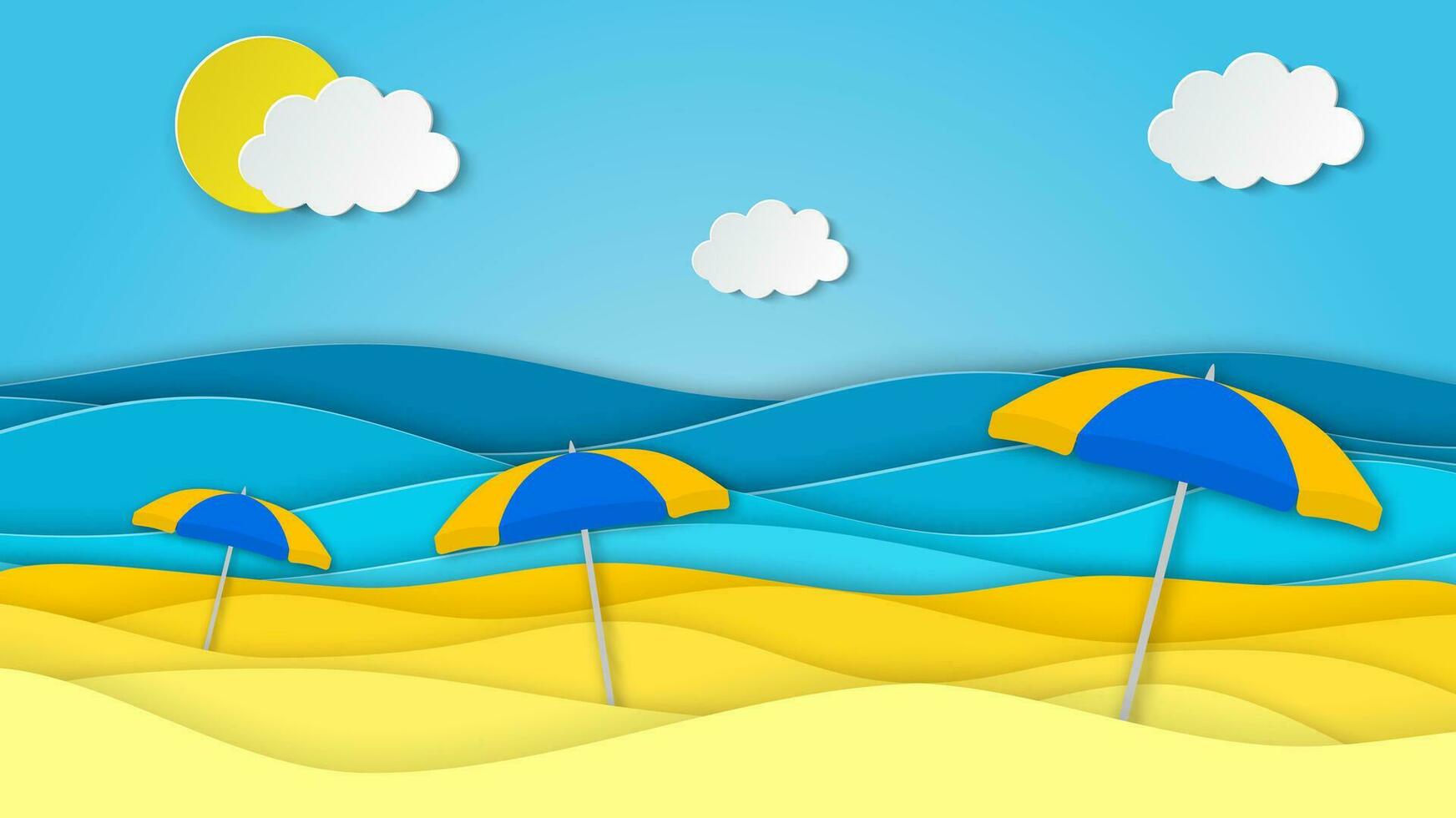 Sea landscape with beach with umbrella, waves, clouds. Paper cut out digital craft style. abstract blue sea and beach summer background with paper waves and seacoast. Vector illustration