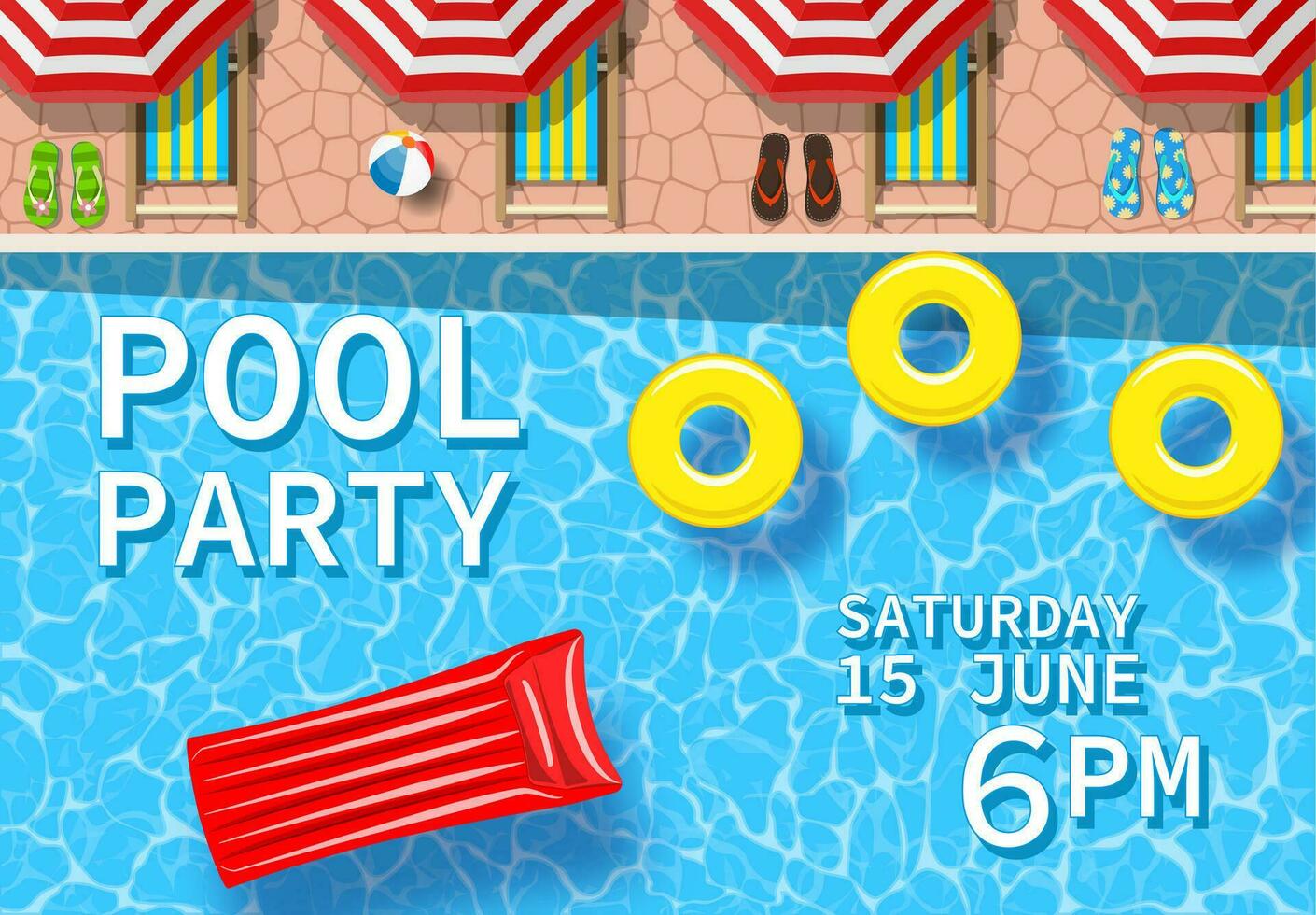 Pool party invitation with top view of pool. Flyer of pool party. Vector poster for party. Vector illustration in flat style