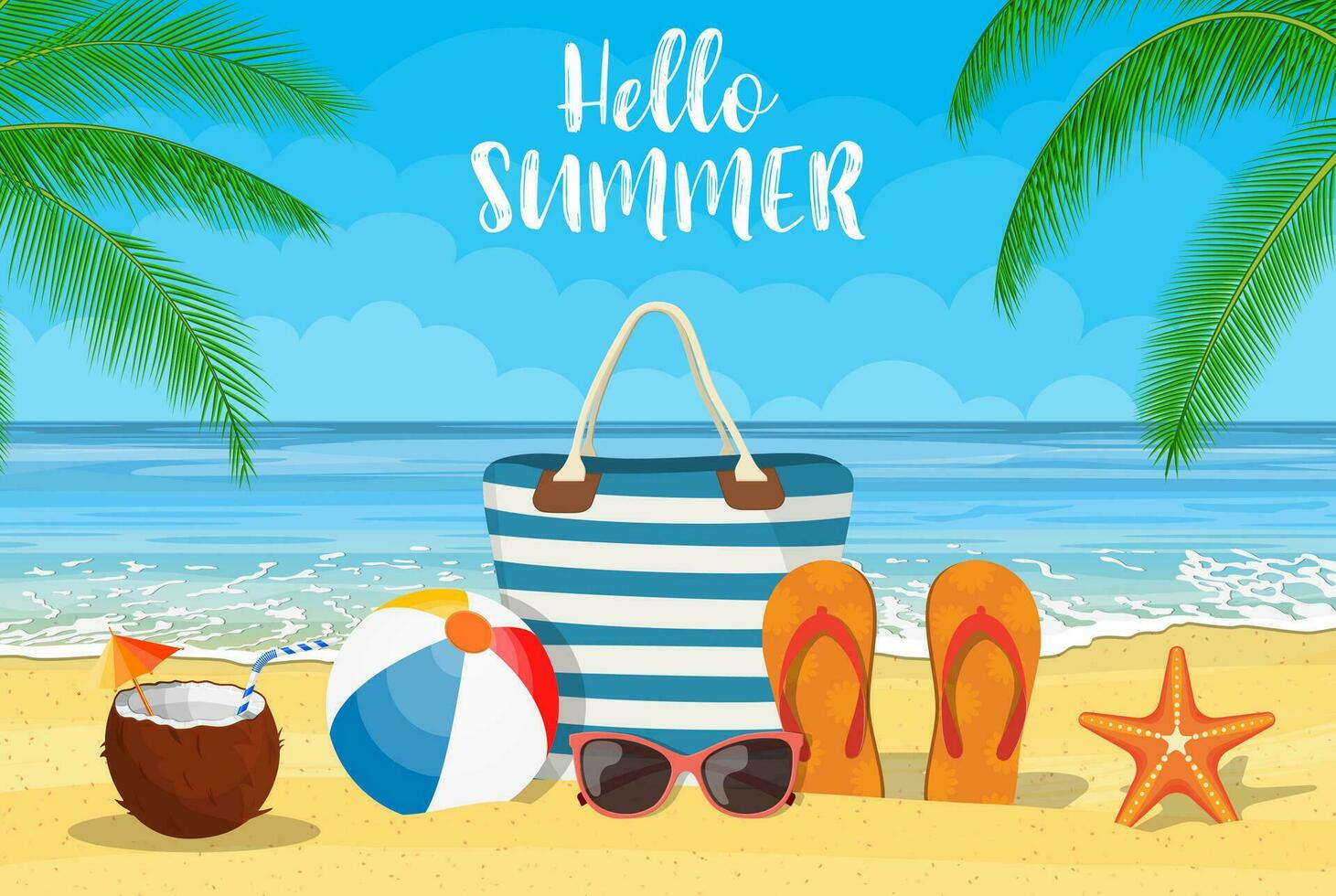 Summer accessories for the beach. Bag, sunglasses, flip flops, starfish, ball. Against the background of the sun the sea and palm trees. Vector illustration in flat style