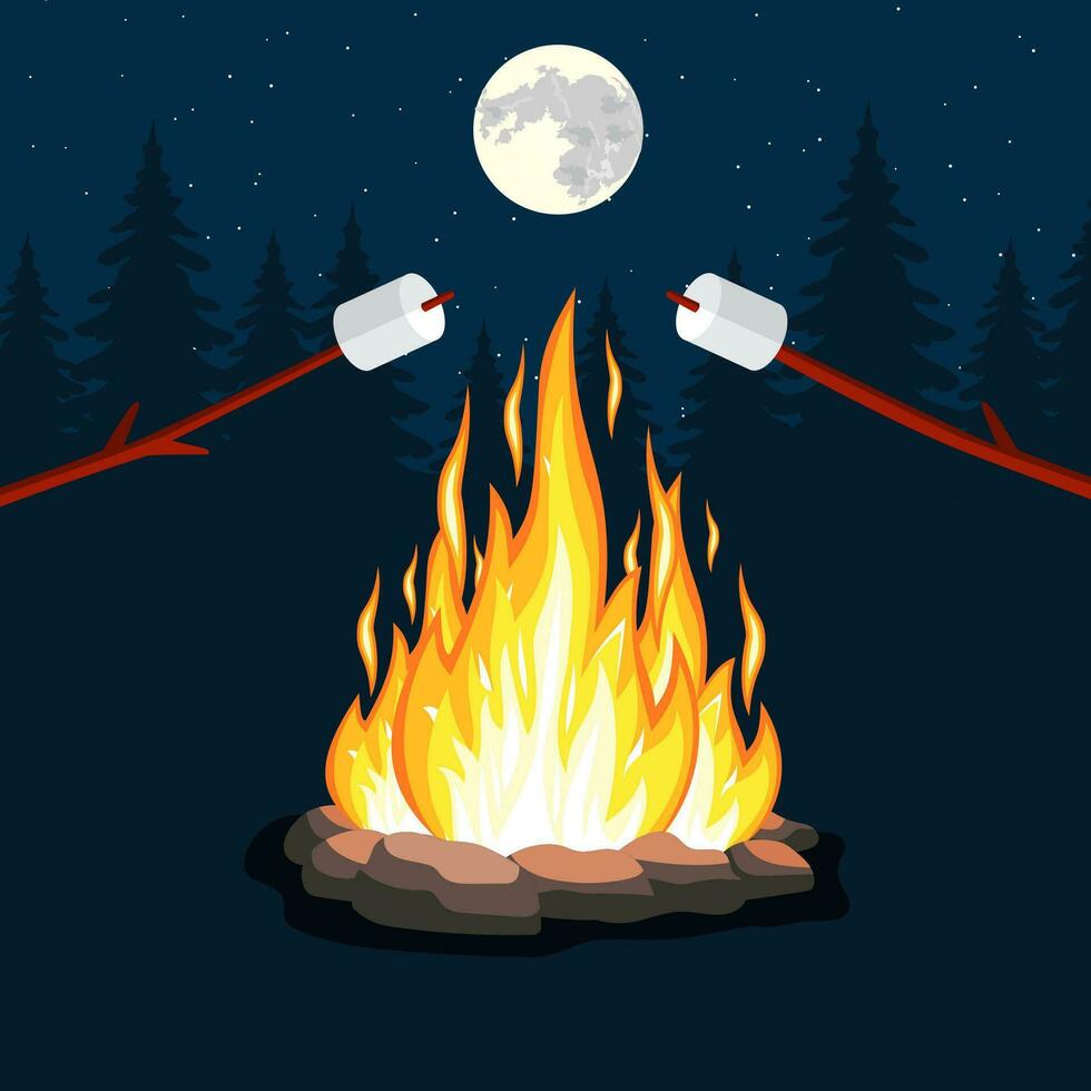 Bonfire with marshmallow, stone, vector