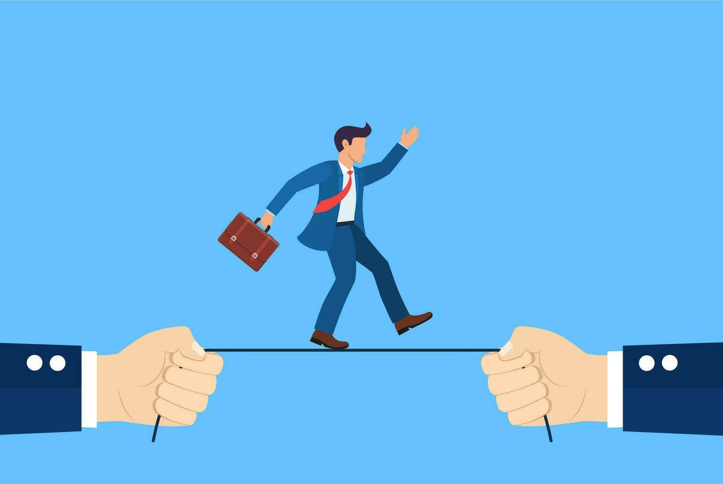 Business risk concept. Businessman is walking and balancing a tightrope. Businessman hold rope in hand. Vector illustration in flat style.