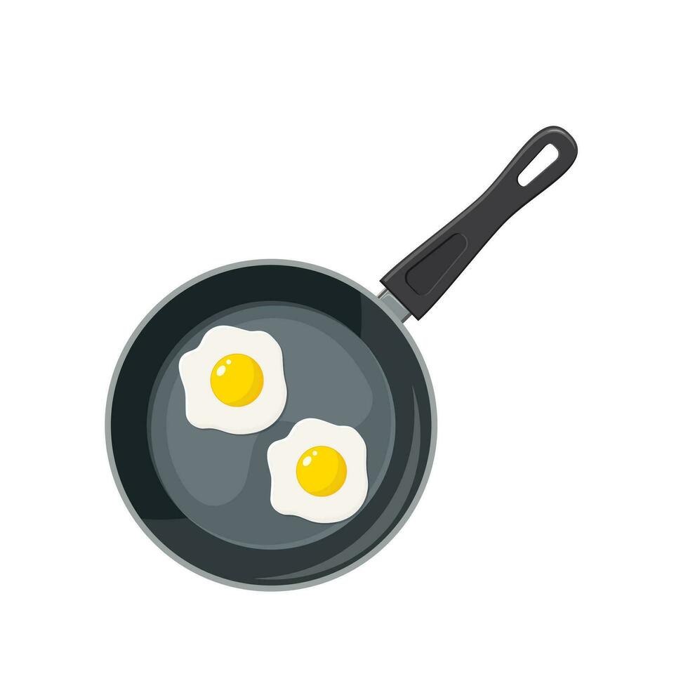 Fried eggs on frying pan icon. Kitchen utensils for cooking food. isolated on white background. Vector illustration in flat style.
