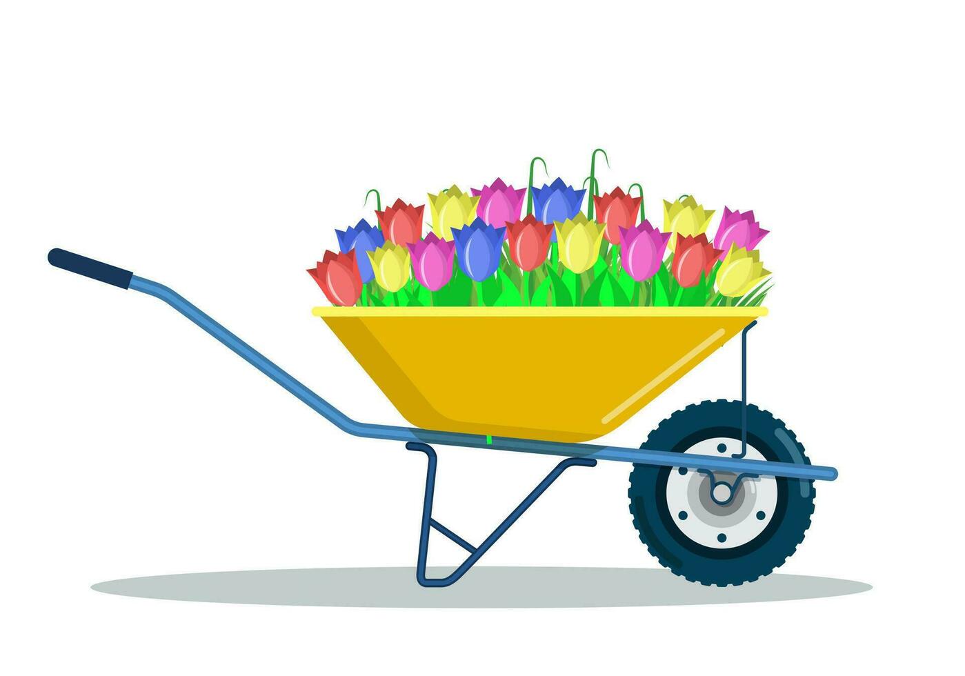 Garden wheelbarrow with spring flowers. Isolated on a white background. Vector illustration in flat style