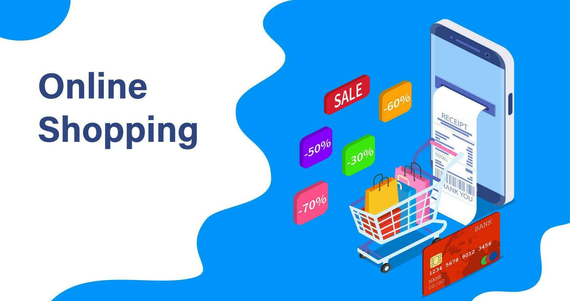 Isometric Smart phone online shopping concept. Online store, shopping cart icon. Ecommerce. Vector illustration in flat style