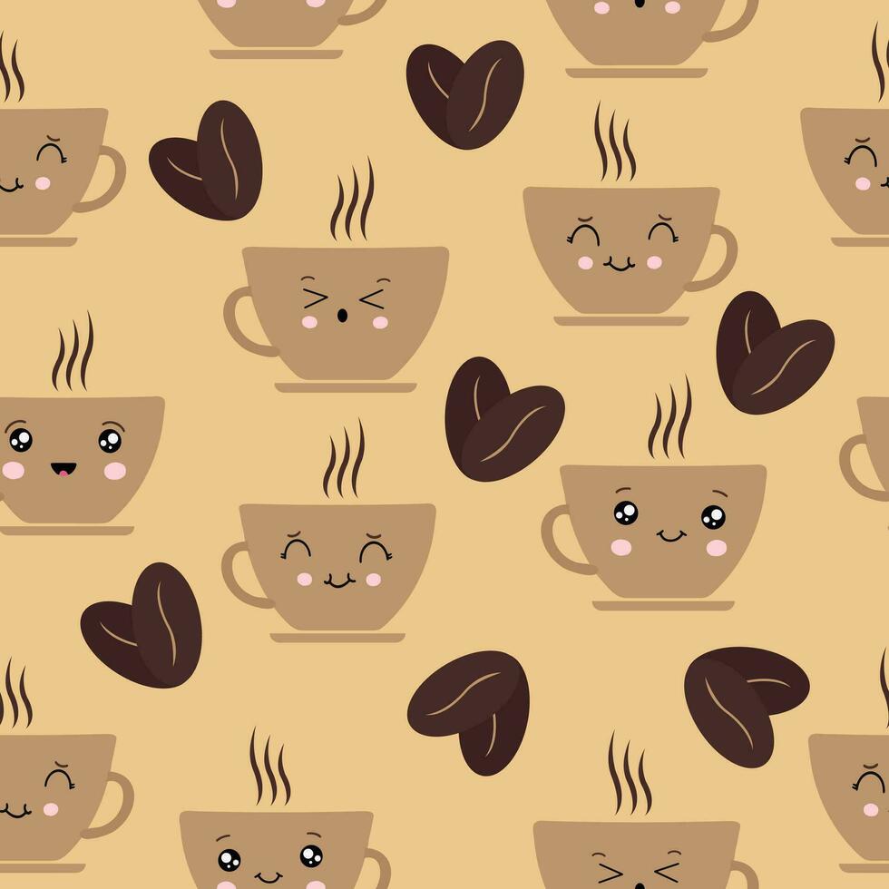 linda sin costura vector modelo en kawaii estilo con Café exprés taza y café frijoles. encantador repetible sonriente café taza imprimir, Perfecto para envase papel, tela, textiles. vector. vector ilustración