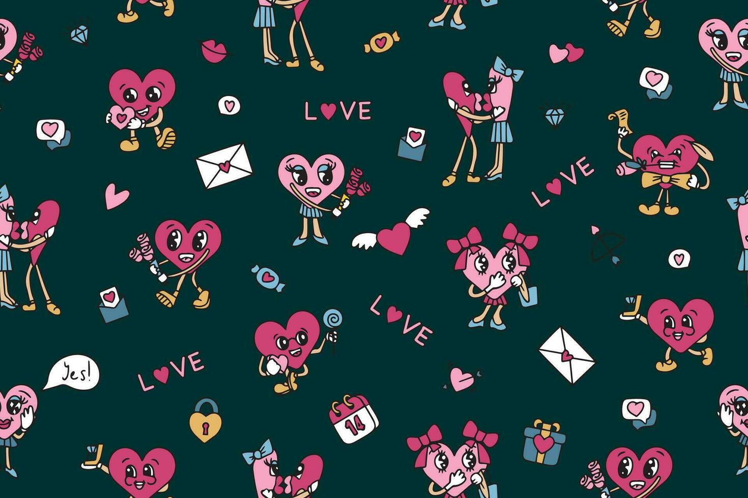Valentine's Day seamless pattern with groovy style elements. Vector pattern in retro style of the 70s, 80s. Cute heart characters. Vector illustration. Vector illustration