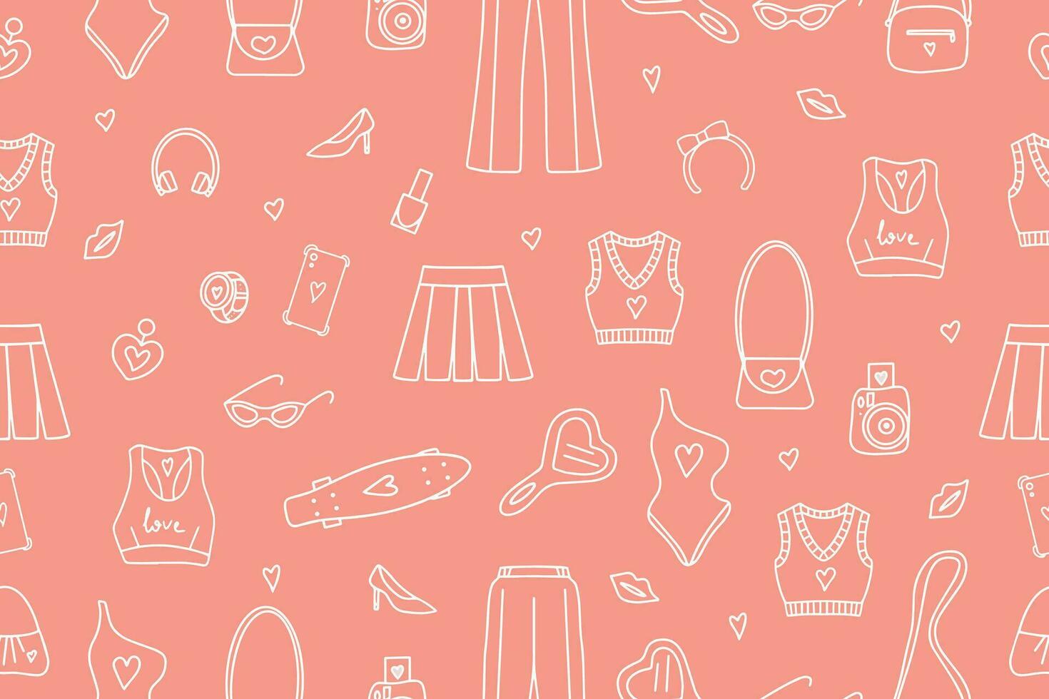 Seamless fashionable pink patterns in Barbicore style. . Vector