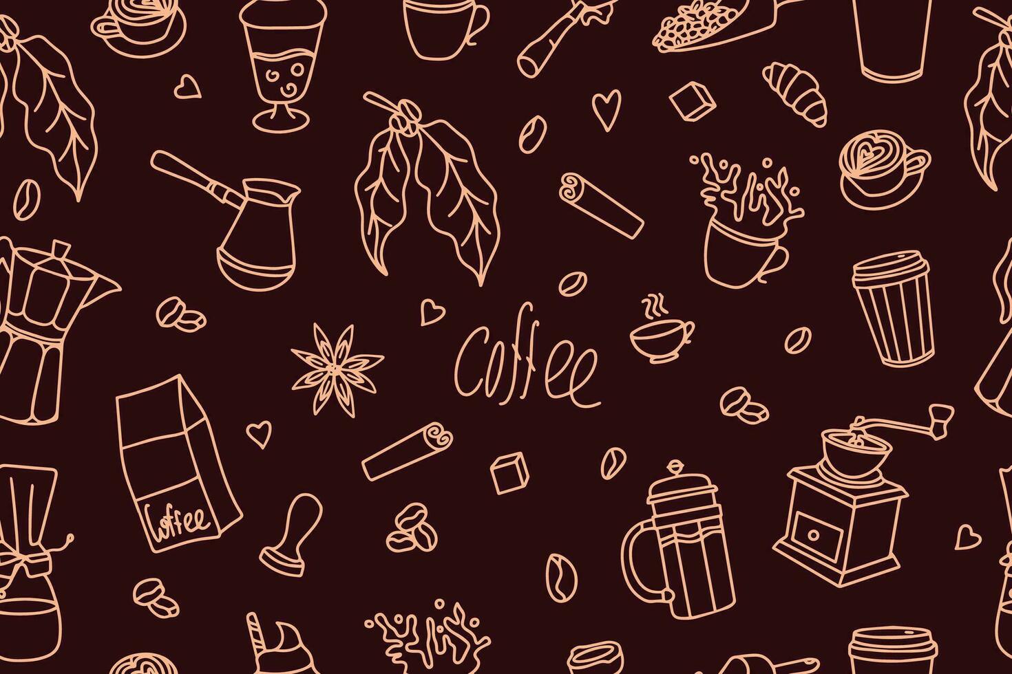 Coffee hand drawn doodle seamless pattern for packaging, textile, print. Modern doodle background with tea and coffee. Vector illustration