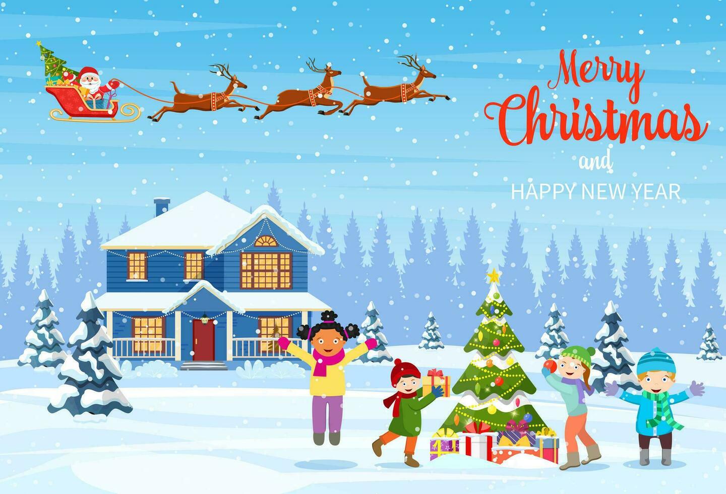 happy new year and merry Christmas greeting card. Christmas landscape. kids decorating a Christmas tree. Winter holidays. Santa Claus with deers in sky. Vector illustration in flat style