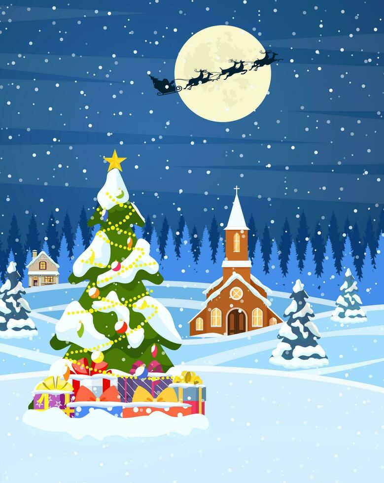 Christmas landscape background with snow and tree. Merry christmas holiday. New year and xmas celebration. Vector illustration in flat style