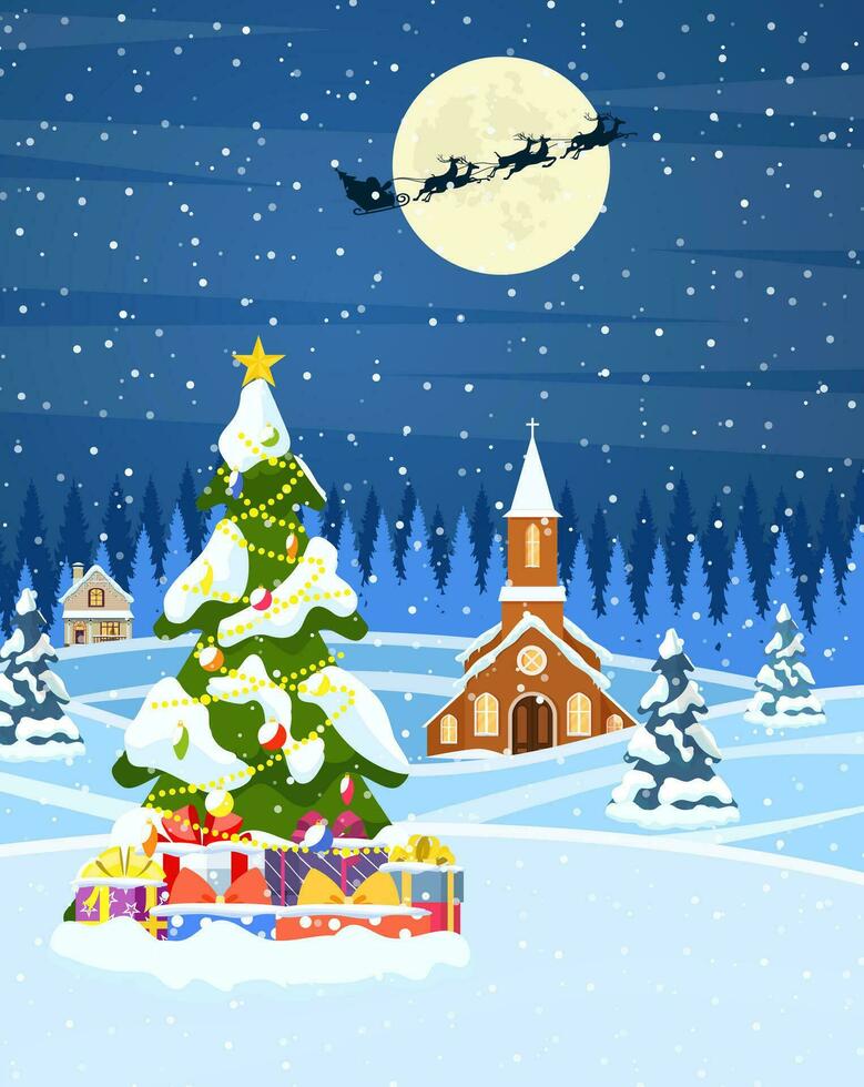 Navidad paisaje antecedentes con nieve y árbol. alegre Navidad día festivo. nuevo año y Navidad celebracion. vector ilustración en plano estilo