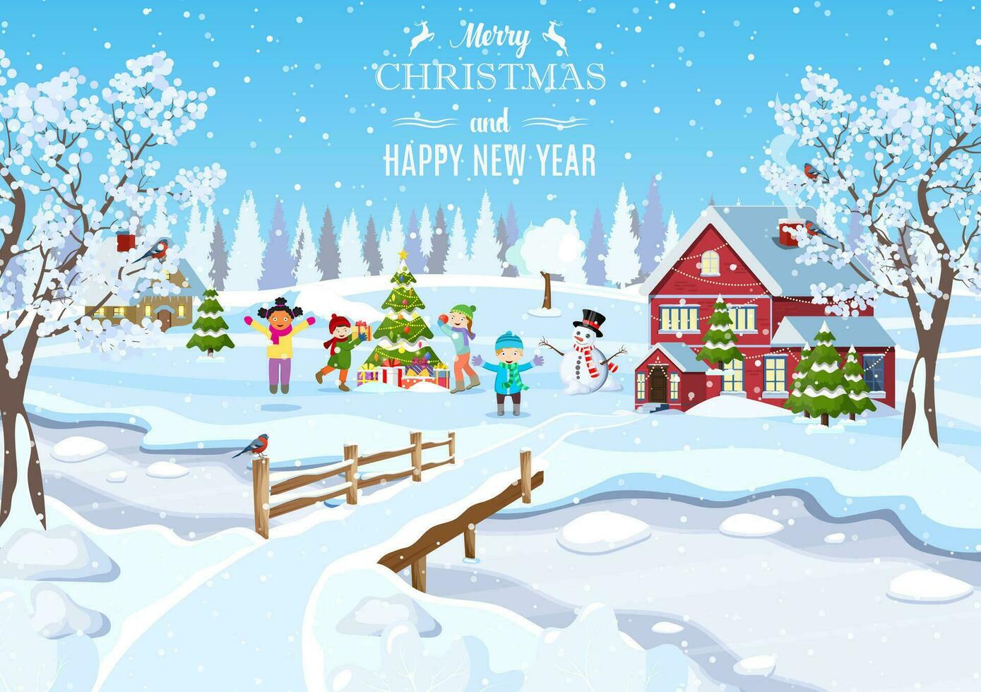 happy new year and merry Christmas greeting card. Winter fun. kids decorating a Christmas tree. Winter holidays. Christmas landscape tree spruce, snowman. vector illustration