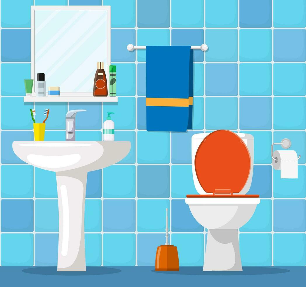 Bathroom interior with toilet bowl, washbasin and mirror. Vector illustration in flat style