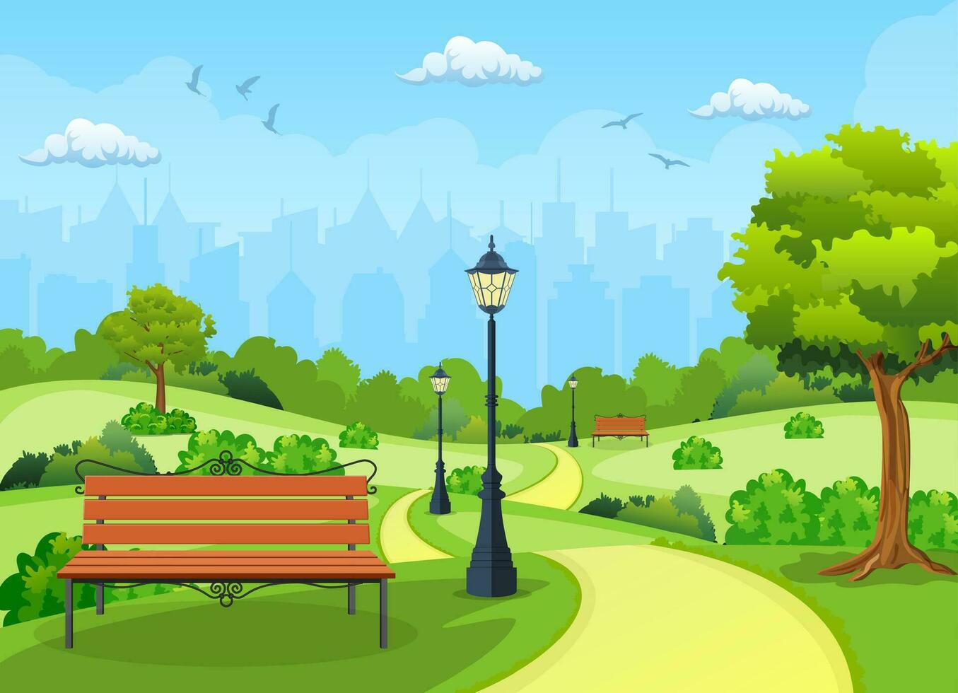 Bench with tree and lantern in the Park. Vector illustration in flat style