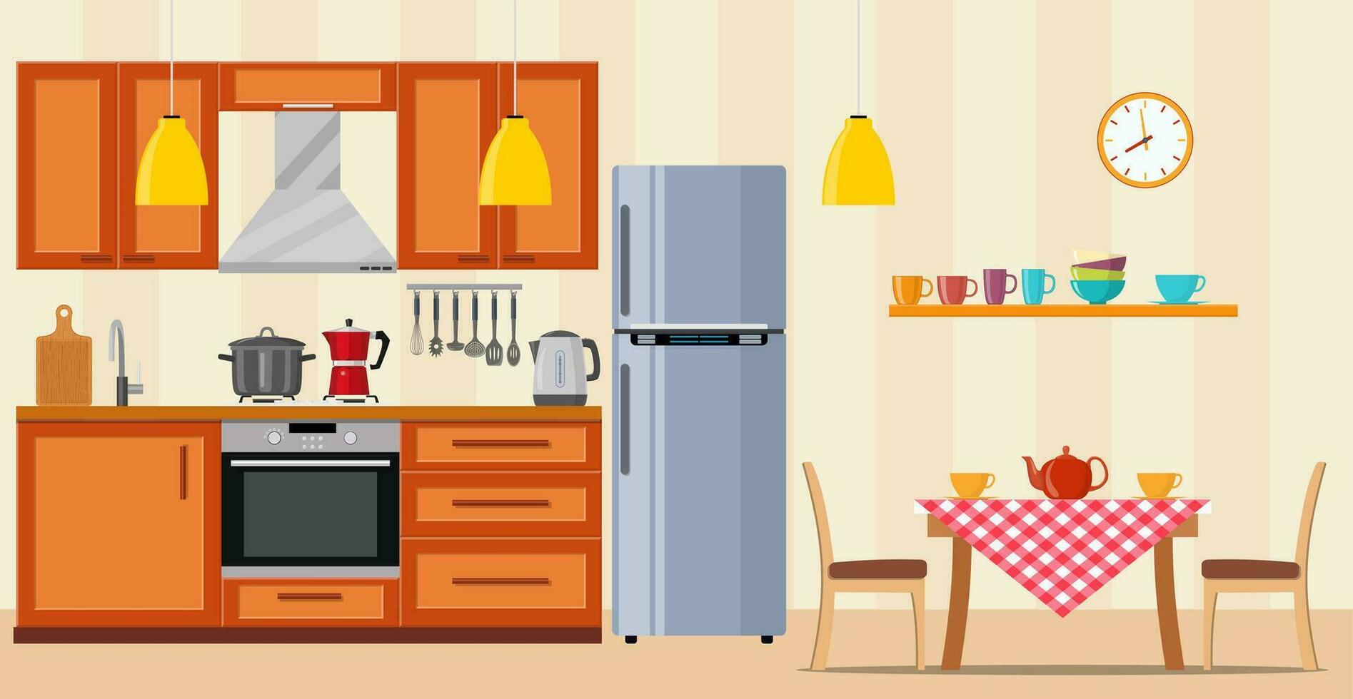 moderno cocina interior con mueble y Cocinando dispositivos. gráfico diseño modelo. trabajando superficie para cocinando. vector ilustración en plano diseño