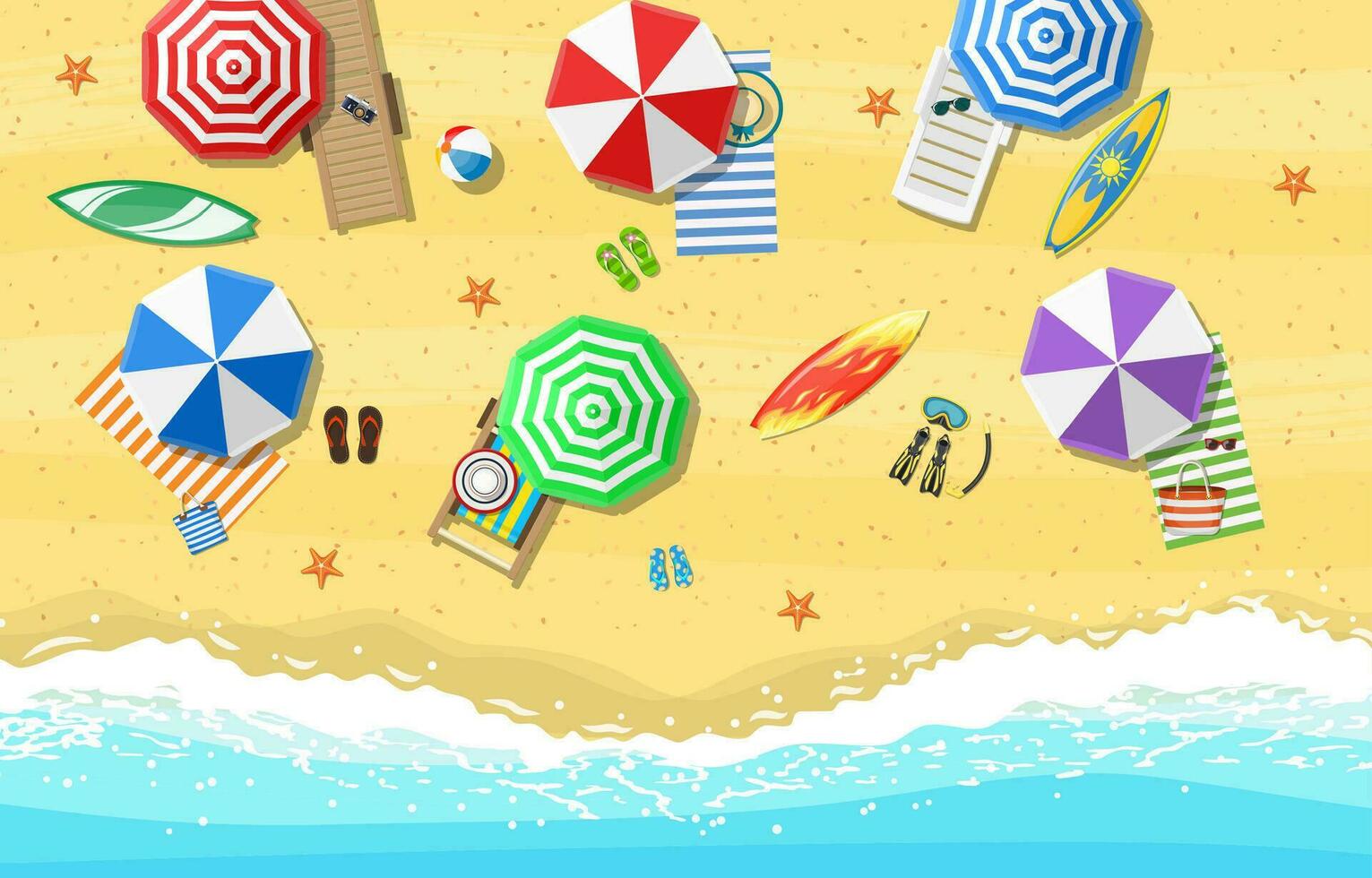 beach sun umbrellas flip-flops and beach Mat on the background of sand near the sea surf with starfish, top view. Vector illustration in flat style