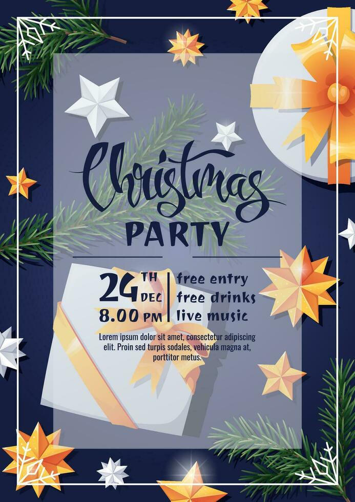 Christmas party invitation template design. Flyer, poster with gift box, fir branch and stars. Merry Christmas and Happy New Year vector