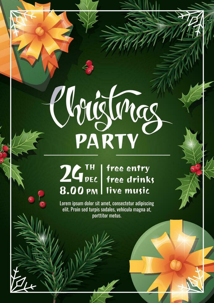 Christmas party invitation template design. Flyer, poster with gift box, fir branch and holly. Merry Christmas and Happy New Year vector