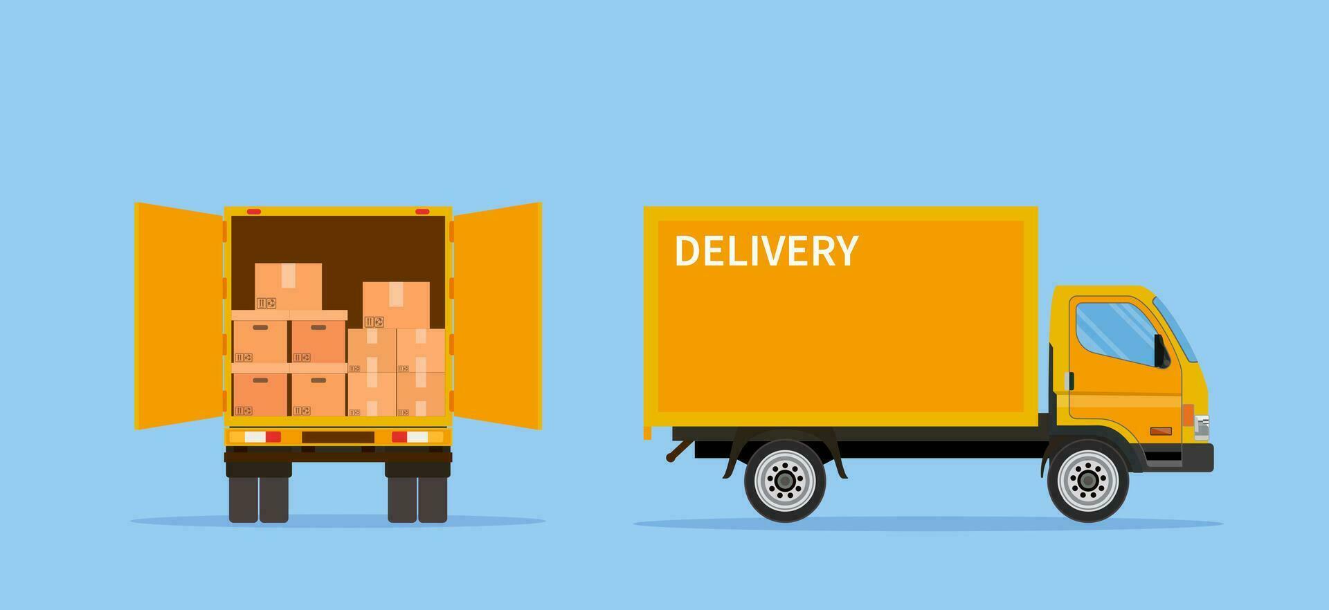 Delivery truck isolated on blue background. Side and back view. Express delivering services commercial truck. Fast and free delivery by car. Vector illustration in flat style