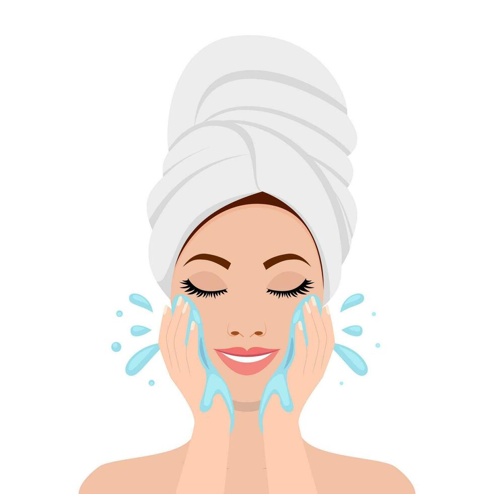 Beautiful woman in process of washing face. icon isolated on white background. SPA beauty and health concept. Vector illustration in flat style