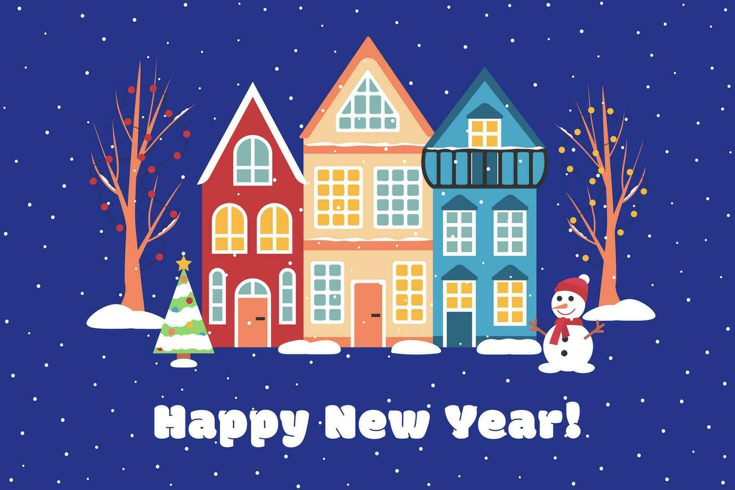 Vector illustration. Happy New Year card template. Scandinavian houses are colorful.