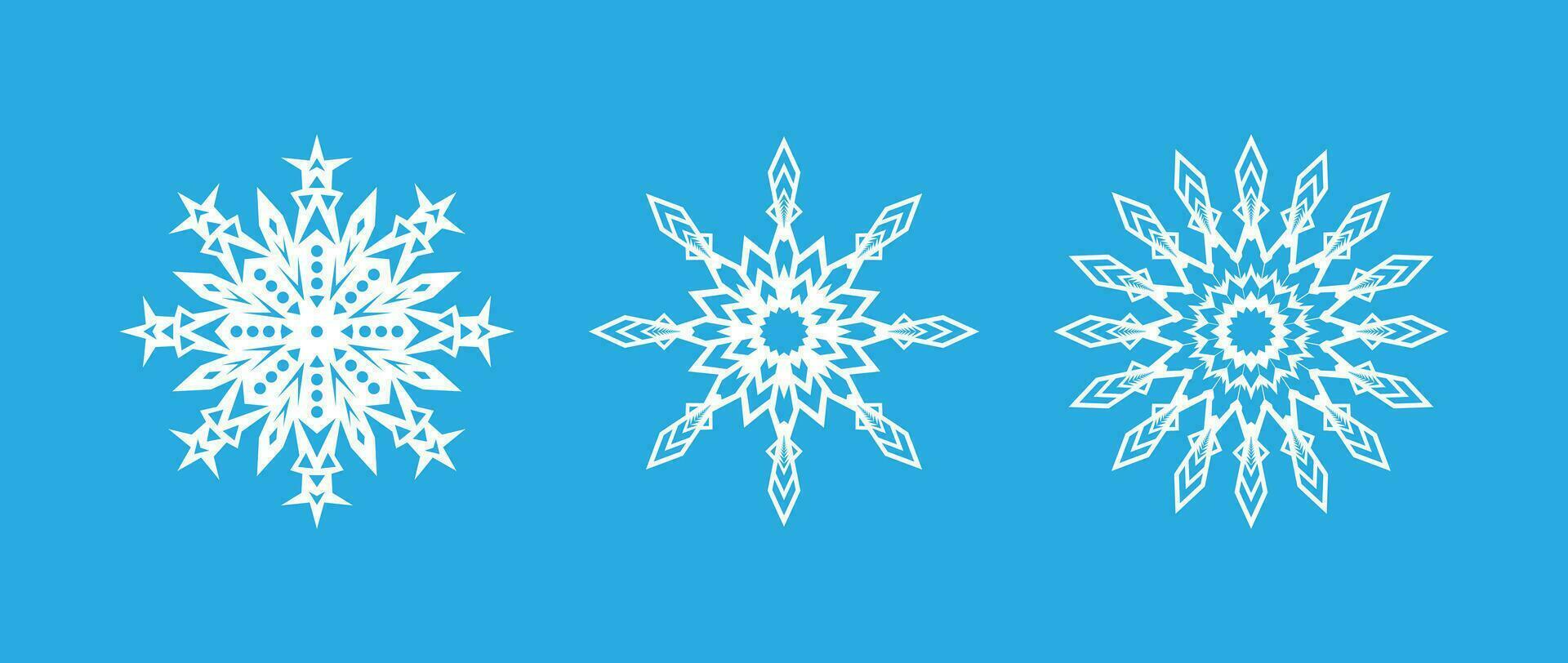 Vector illustration. Beautiful set of white snowflakes on a blue background for winter design. Collection of Christmas and New Year elements. Frozen silhouettes of crystal snowflakes.