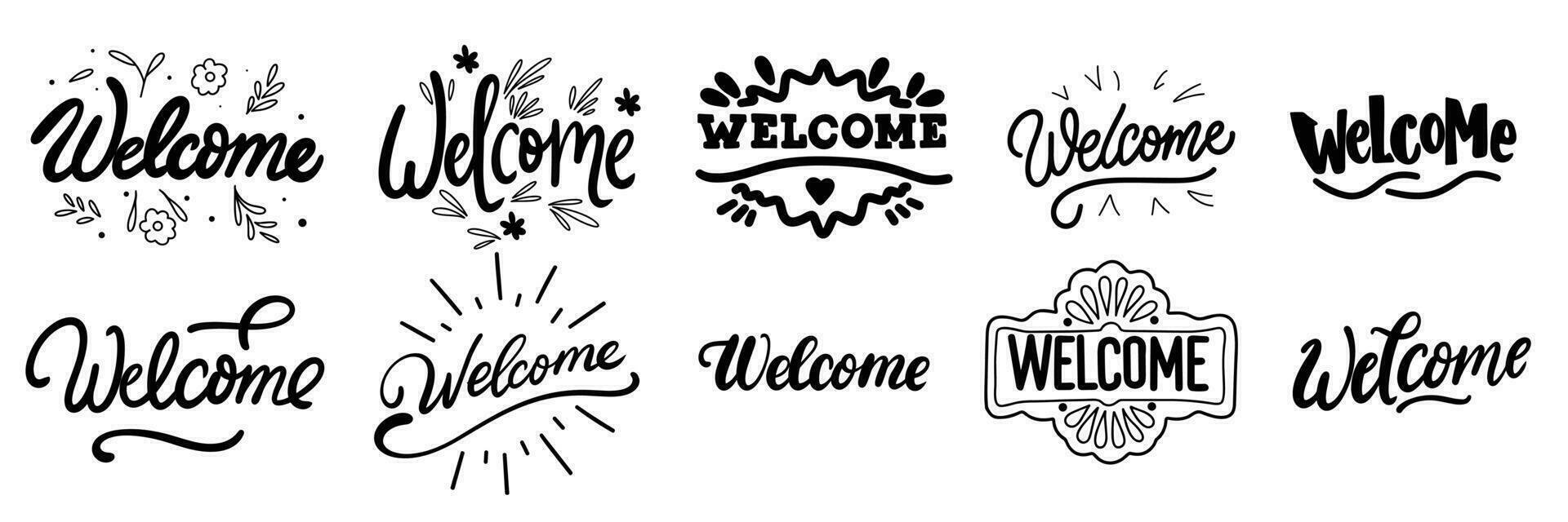 Collection of Welcome inscription banner. Handwriting text banners set Welcome lettering. Hand drawn vector art.