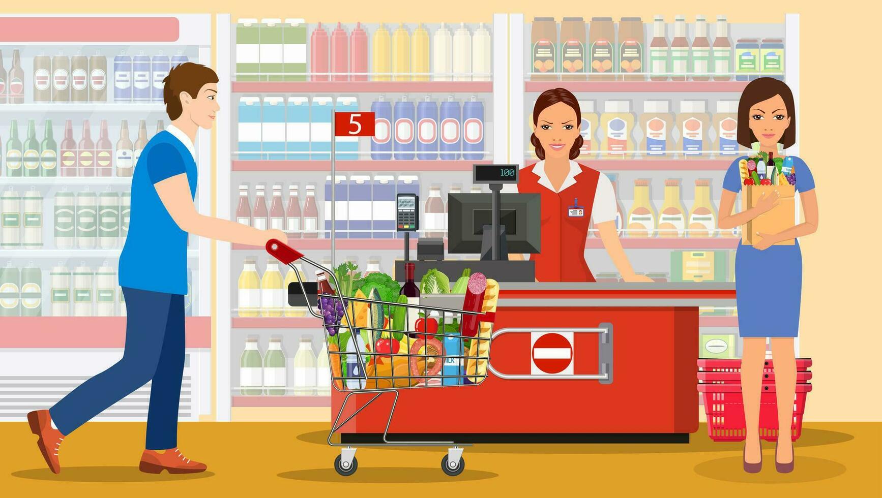 People Shopping in supermarket. woman cashier in supermarket. Cash register, Cashier and buyer with cart. woman hold grocery paper. Vector illustration in flat style