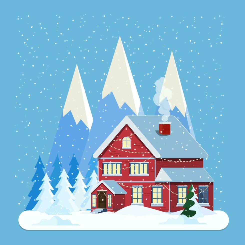 Decorated building for new year eve, home with lights and with fir tree prepared for christmas celebration. New year and xmas celebration. Vector illustration flat style