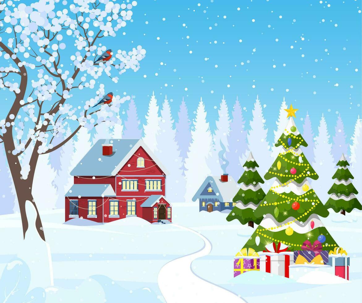 Suburban house covered snow. Building in holiday ornament. Christmas landscape tree spruce. Happy new year decoration. Merry christmas holiday. New year xmas celebration. Vector illustration