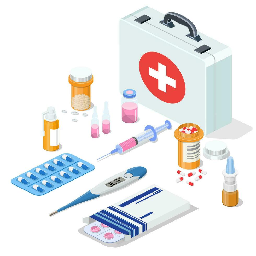 isometric 3D first aid kit tools and medicaments. Isometric icon for doctor, hospital and clinic. vector illustration in flat style