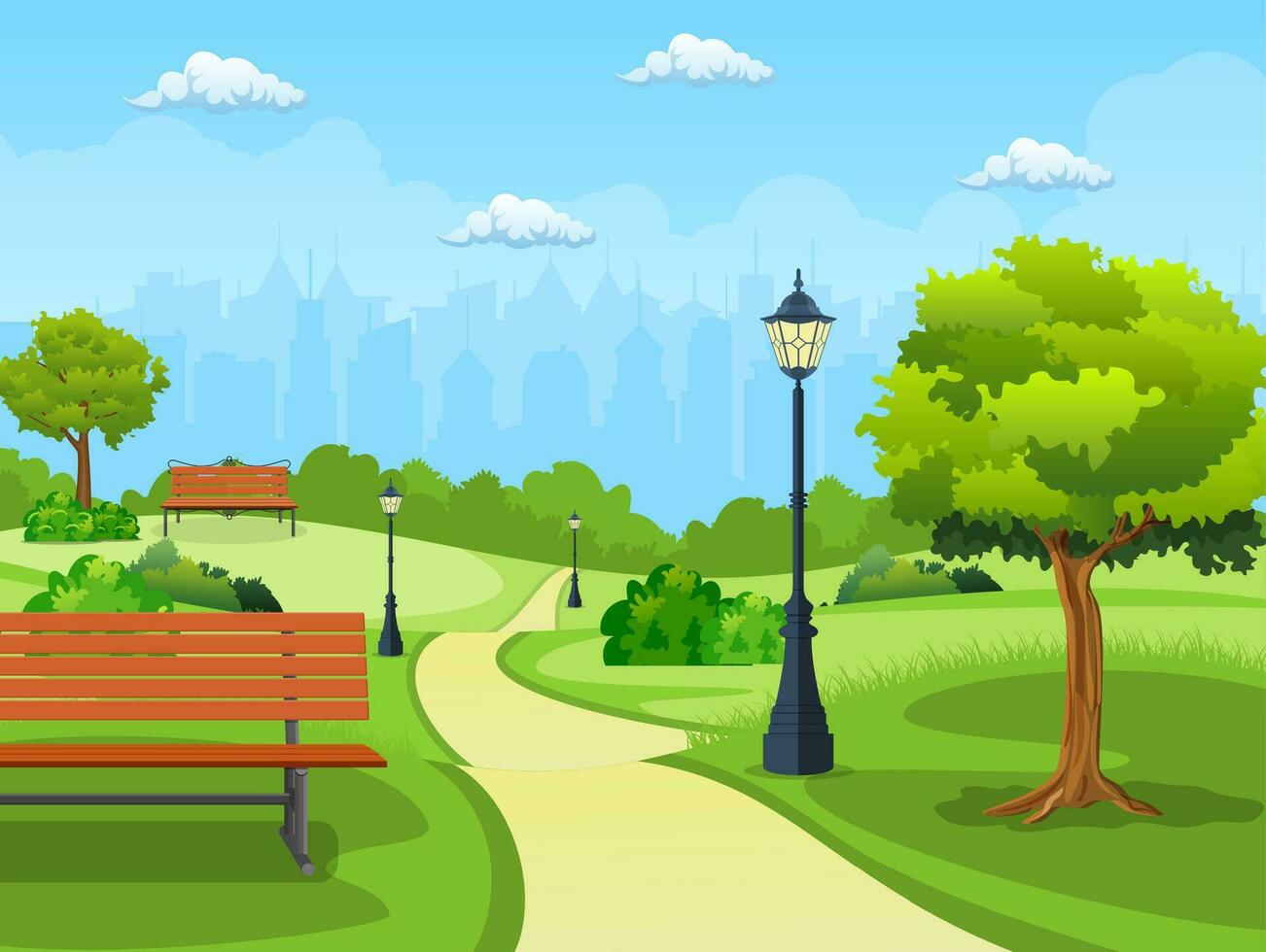 banco con árbol y linterna en el parque. vector ilustración en plano estilo