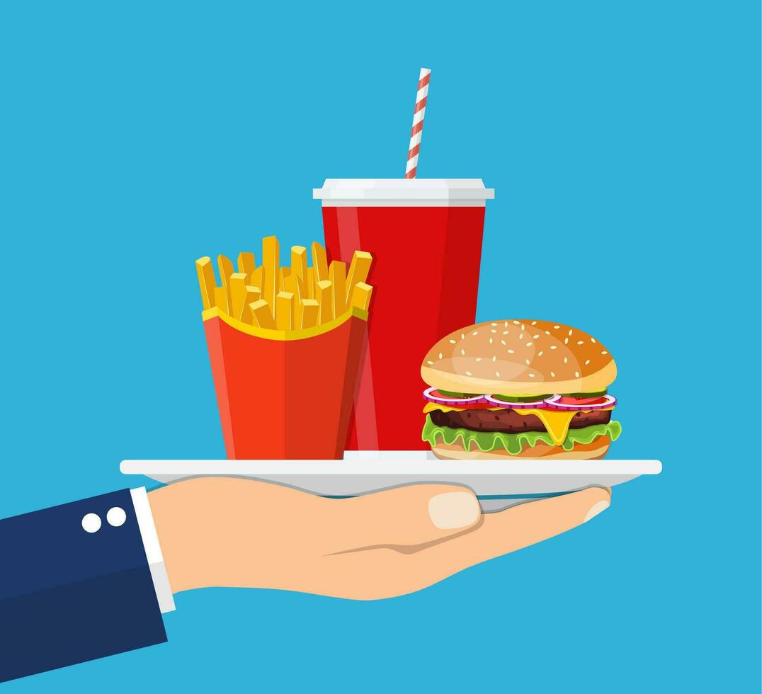 Waiter serving a hamburger french fries and soda vector