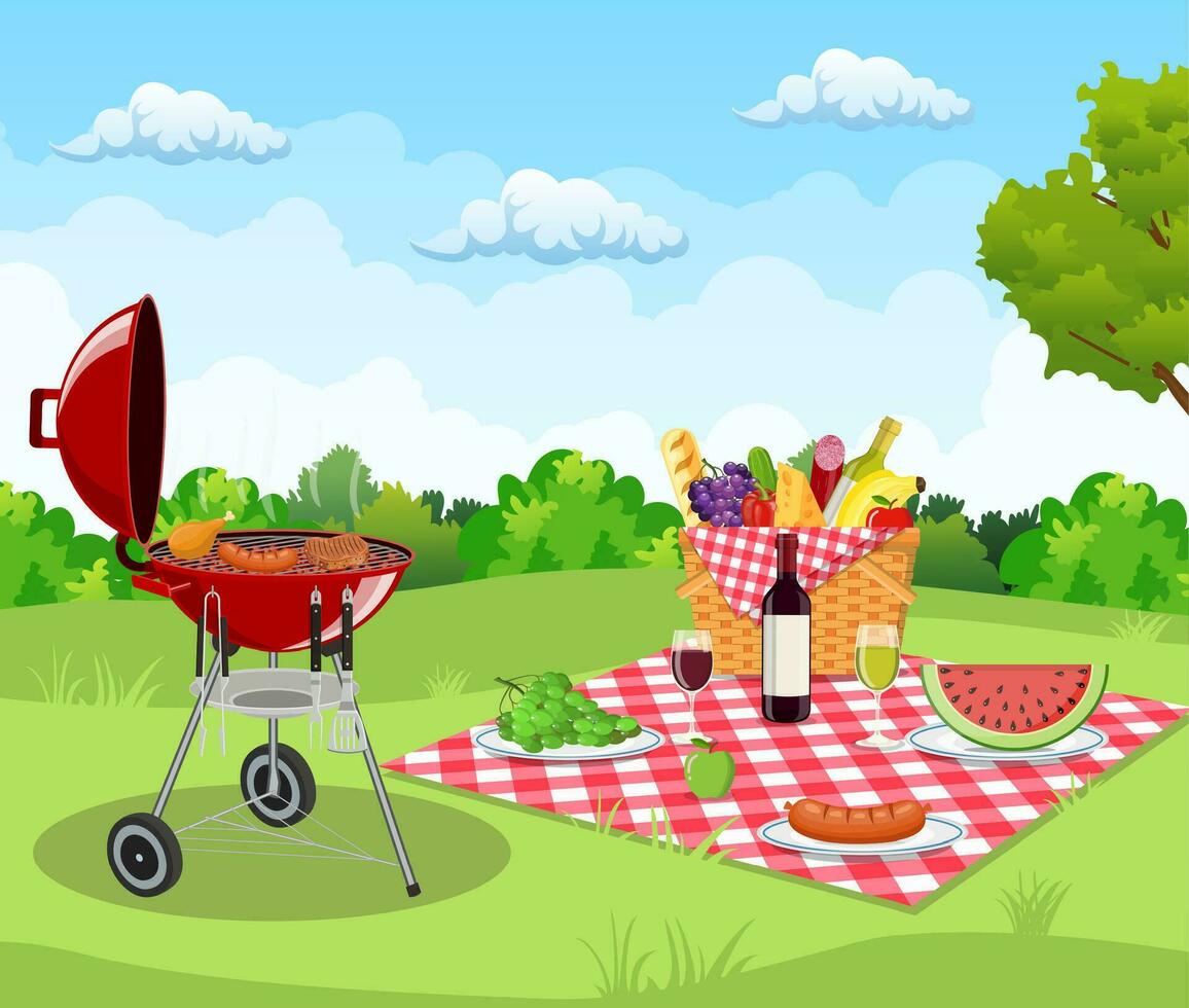 Summer picnic concept with basket full of products and barbecue grill and kitchen utensils. Vector illustration in flat style