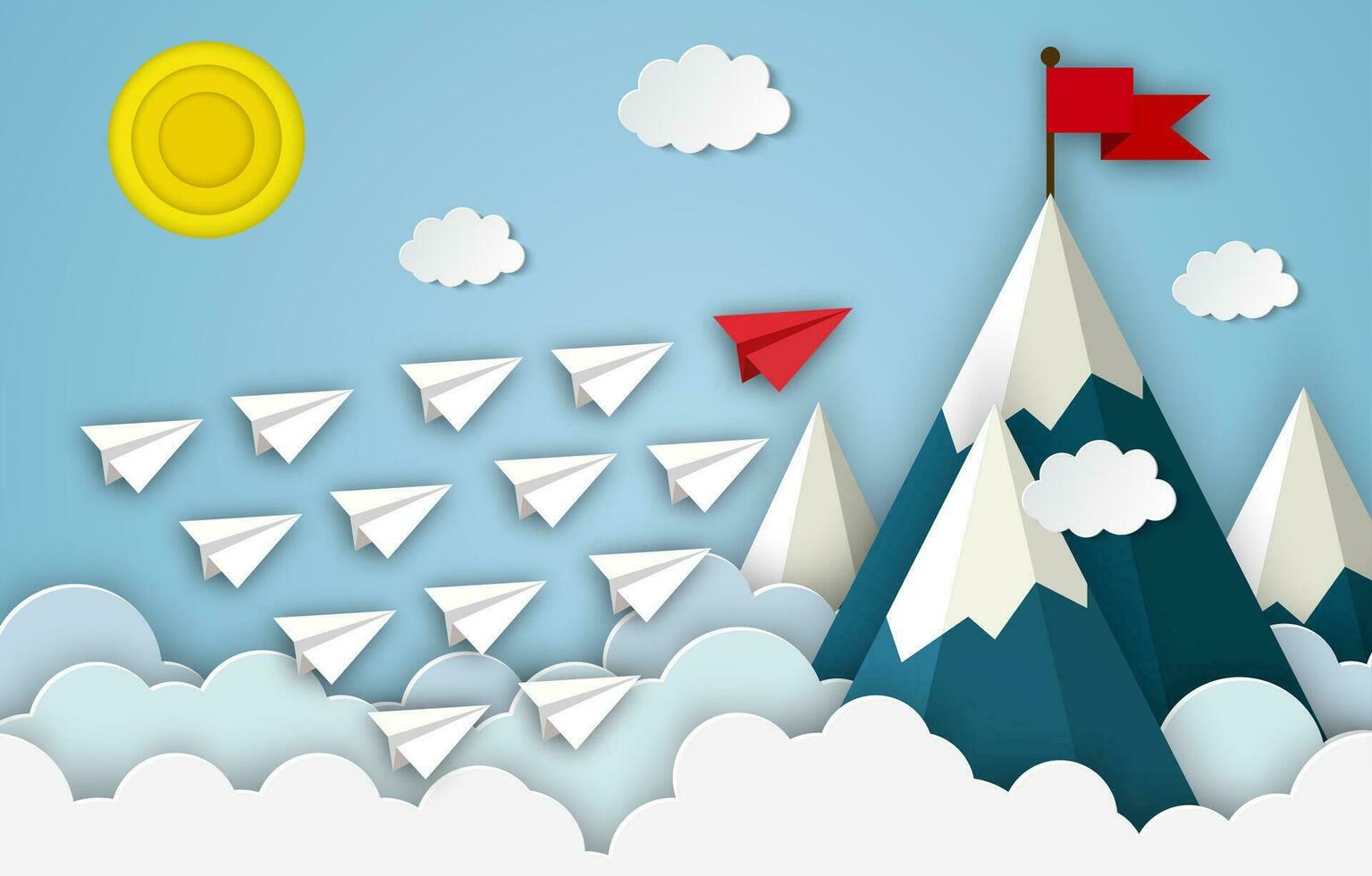 Red paper leader airplane flying on blue sky of business teamwork and one different vision. Business Financial concepts are competing for success and corporate goals. Vector illustration