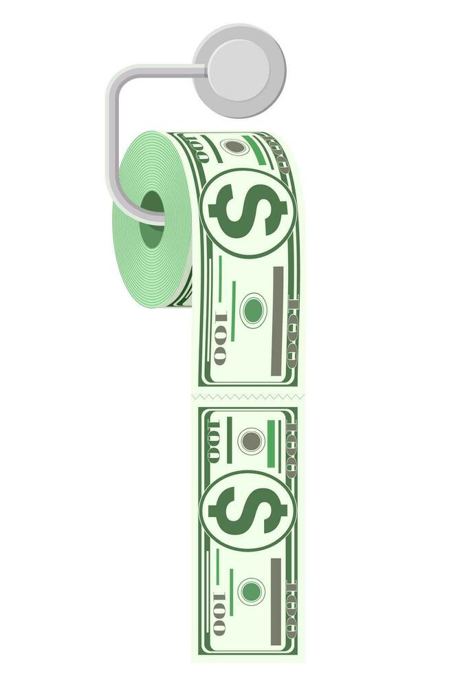 Hank of toilet paper dollar money. Garbage waste investment. Losing or wasting money, overspending, bankruptcy or crisis. Vector illustration in flat style
