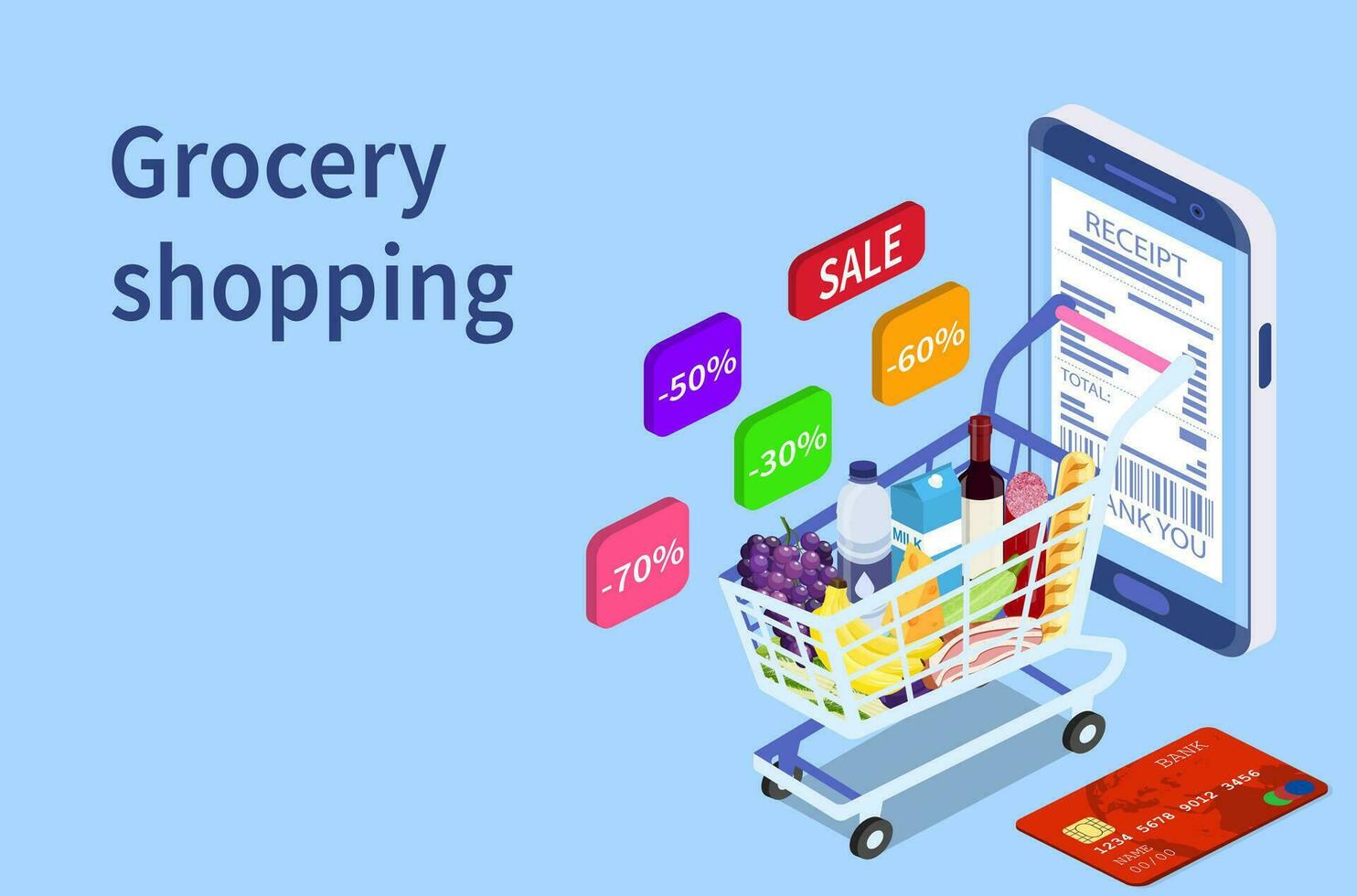 Online Grocery shopping concept. Isometric Shopping cart with fresh food and drink.Order food, grocery online from app by smart phone. Vector illustration in flat style
