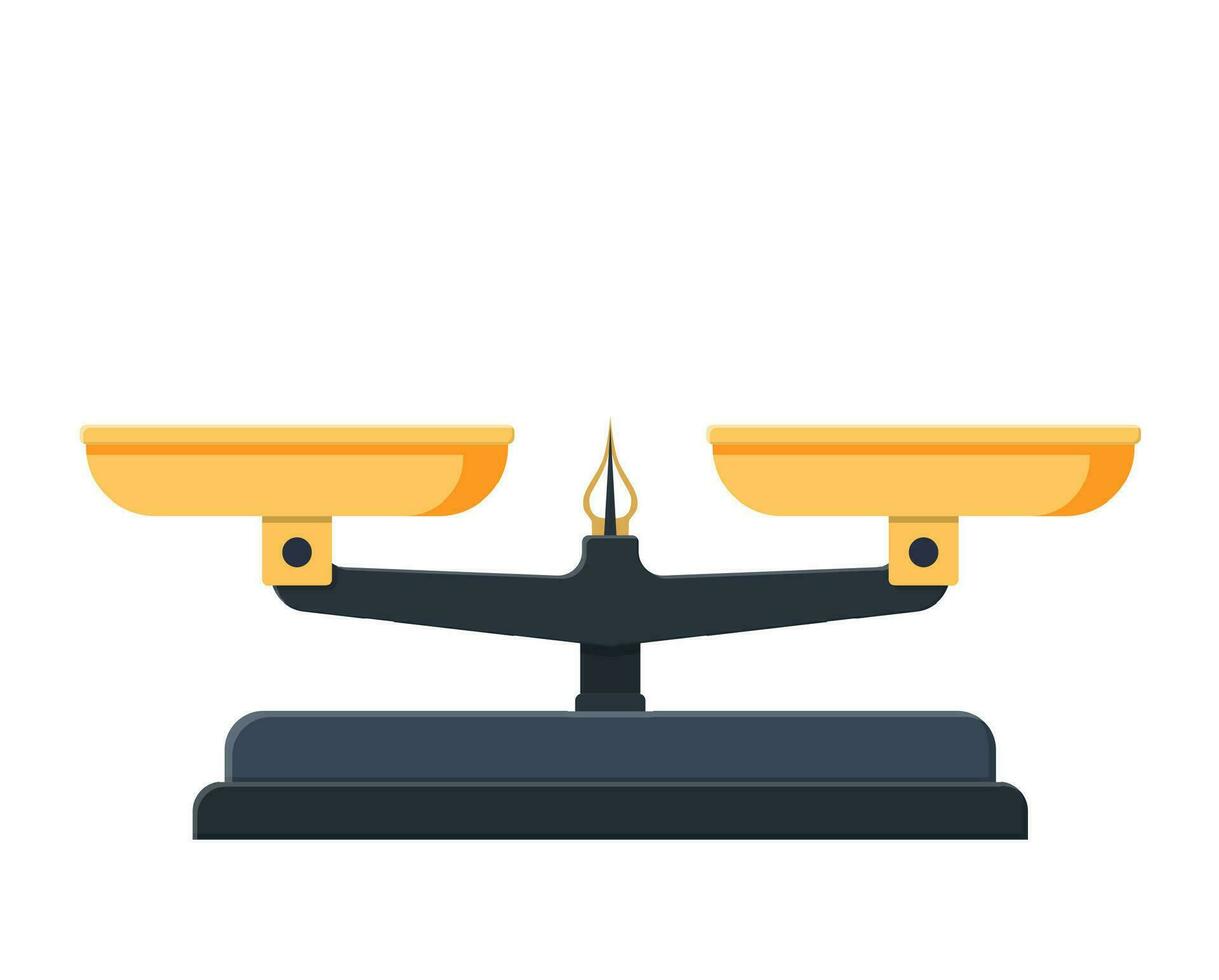 Two pan balance icon. Weighing scale with golden pans and pointer and gray base. Vector illustration in flat style