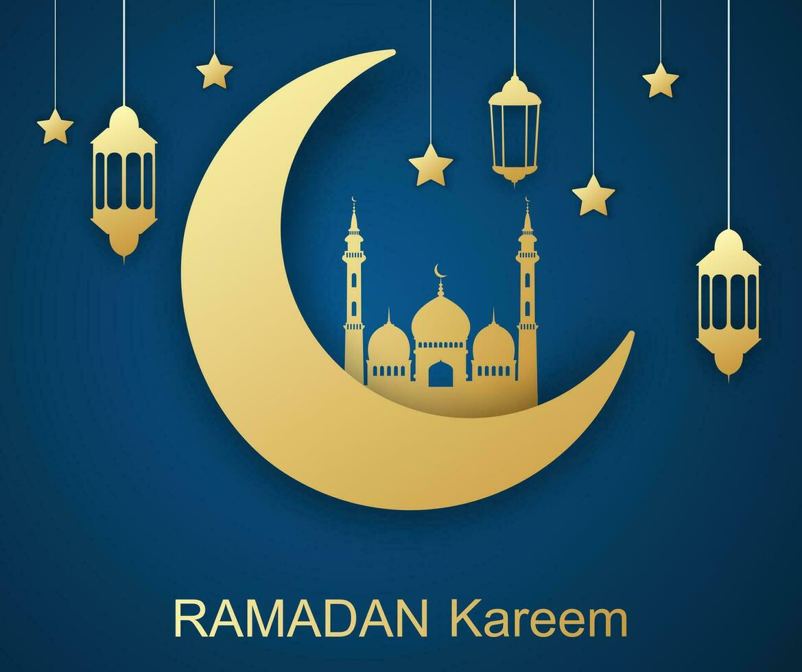 Ramadan Kareem posters or invitations design with 3d paper cut Arabic lamp, stars and moon. Vector illustration. Place for text