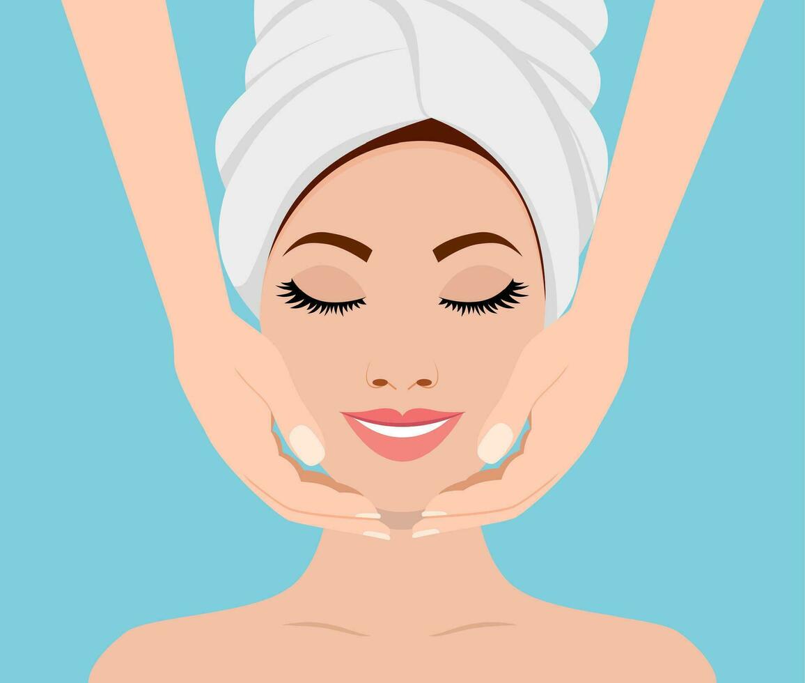 cara masaje. spa piel y cuerpo cuidado. de cerca de joven mujer consiguiendo spa masaje tratamiento a belleza spa salón. spa belleza y salud concepto. vector ilustración en plano estilo