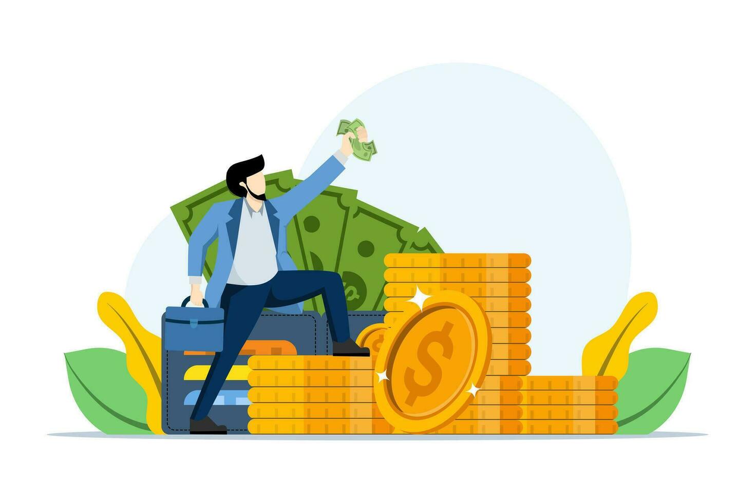 Concept of wealth or income. happy male employee with big wallet and banknotes and coins, Young man holding money, Salary, balance and budget. flat vector illustration on white background.