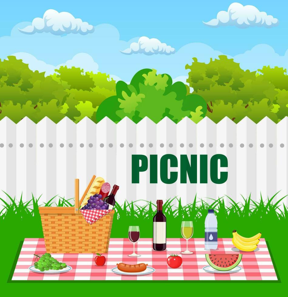 barbecue grill and Picnic basket filled with food. Picnic time design. vector illustration in flat style