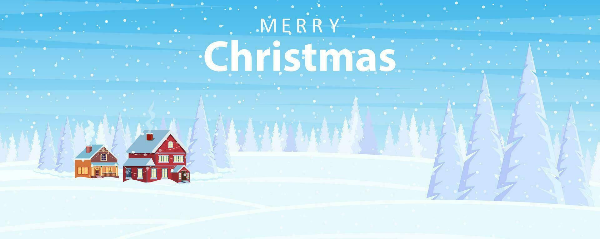 Christmas landscape background with snow and tree. Merry christmas holiday. New year and xmas celebration. Vector illustration in flat style