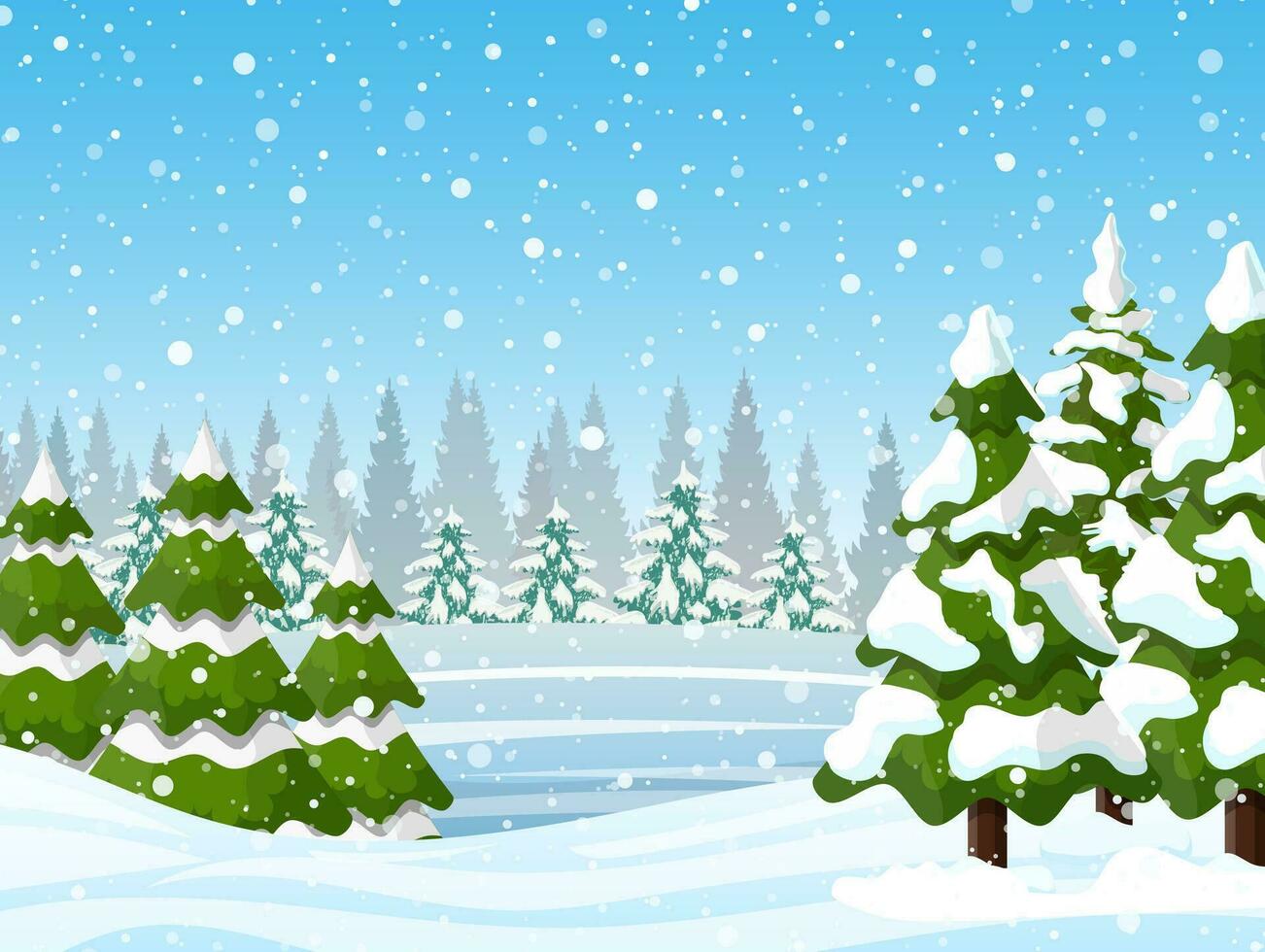 Navidad paisaje antecedentes con nieve y árbol. alegre Navidad día festivo. nuevo año y Navidad celebracion. vector ilustración en plano estilo