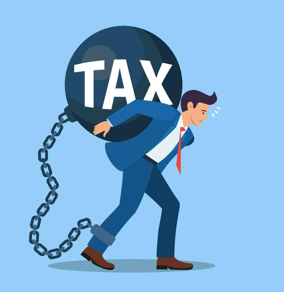 business man taxes carry on shoulder and worry. High Taxes Burden, Financial Load Concept. Vector illustration in flat style.