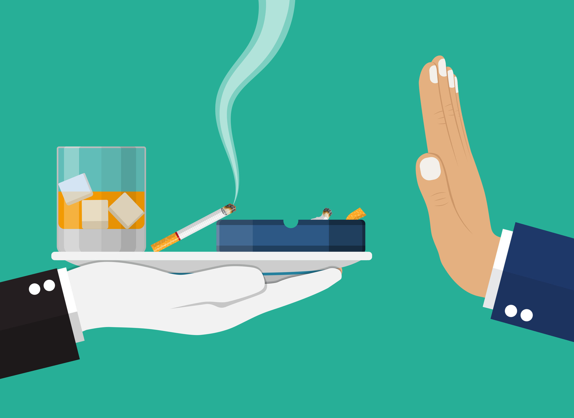 Alcohol and tobacco abuse concept. Hand gives glass of wine and