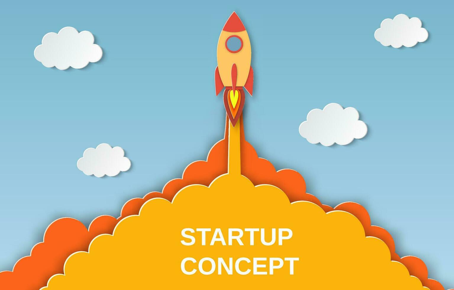 Rocket for startup business project. Paper cut startup poster template with space rocket. Concept business idea, startup, exploration. flyers, banners, posters and templates design. vector