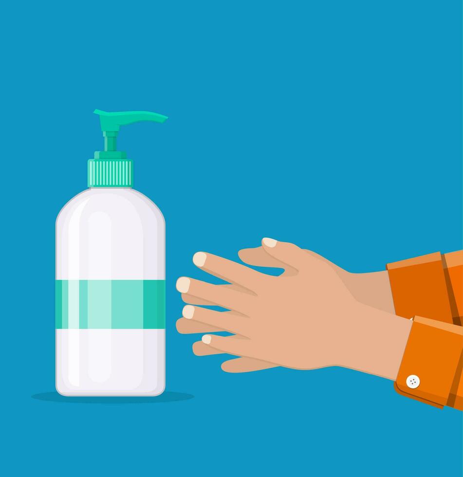 Bottle with liquid soap and hands. vector