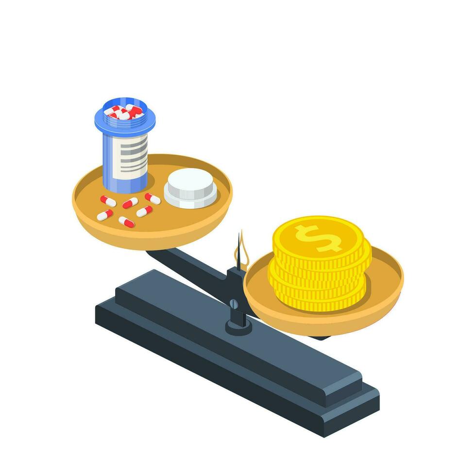 Isometric medical pills and dollar coins on weight scales. Medicine, money, price and health concept. vector illustration in flat style
